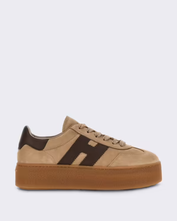 Dames Leren sneaker met vetersluiting Beige